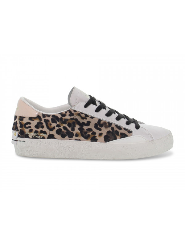 Sneakers Crime London LOW TOP DISTRESSED in pelle e stampato bianco e leopardato