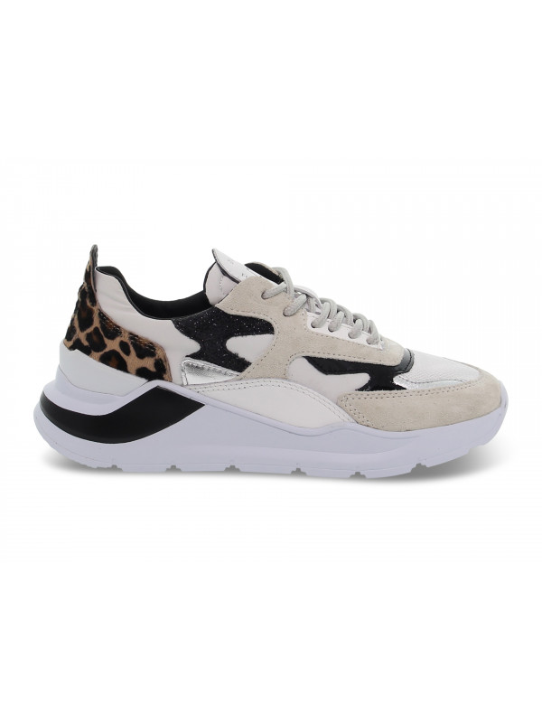 Sneakers D.A.T.E. FUGA ANIMALIER WHITE in pelle e camoscio bianco e leopardato