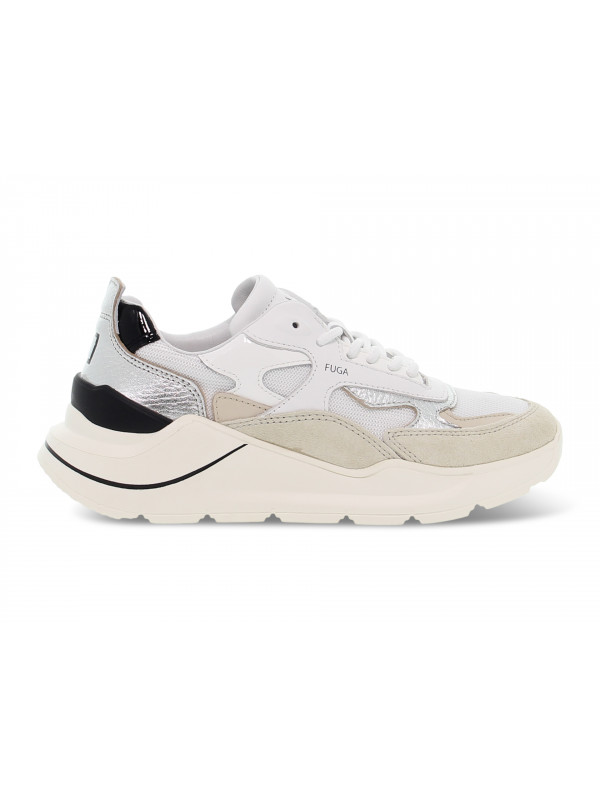 Sneakers D.A.T.E. FUGA DRAGON WHITE-BEIGE in pelle e laminato bianco e argento