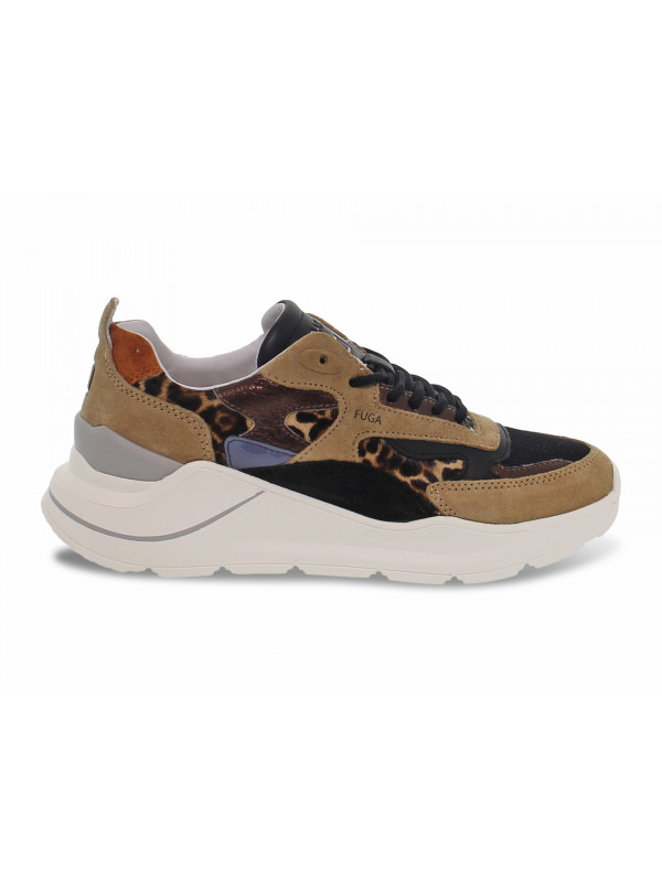 Sneakers D.A.T.E. FUGA PONY in camoscio e pelle beige e leopardato