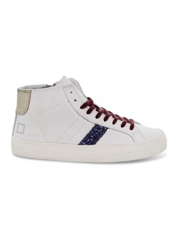 Sneakers D.A.T.E. HILL HIGH VINTAGE CALF WHITE-BLU in pelle e glitter bianco e blu