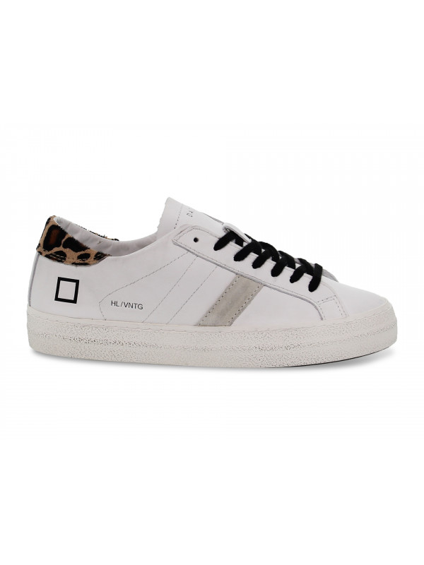 Sneakers D.A.T.E. HILL LOW VINTAGE CALF WHITE-LEOPARD in pelle e camoscio bianco e leopardato