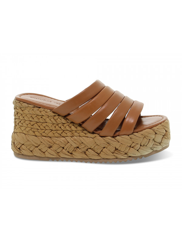 Zeppa Emanuèlle Vee SANDALO MIGNON IMBOTTITO in nappa e raffia cuoio e beige