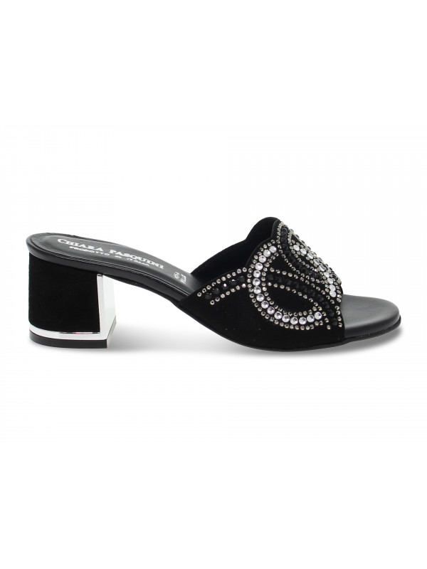Sandalo basso Pasquini Calzature in camoscio e crystal nero e argento