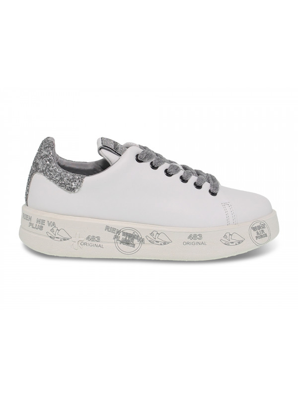 Sneakers Premiata BELLE in pelle e glitter bianco e argento