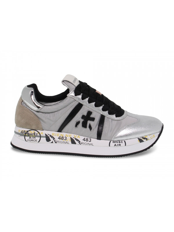 Sneakers Premiata CONNY in nylon e laminato grigio chiaro e argento