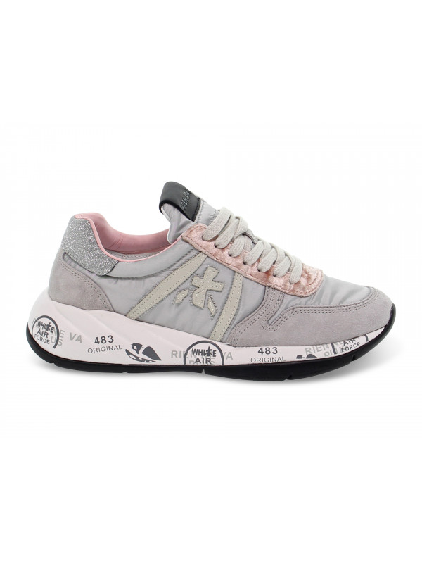 Sneakers Premiata LAYLA in nylon e camoscio grigio e rosa