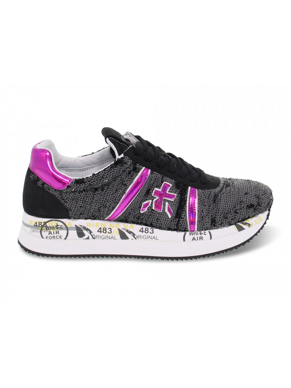 Sneakers Premiata CONNY in paillettes e vernice nero e fuxia