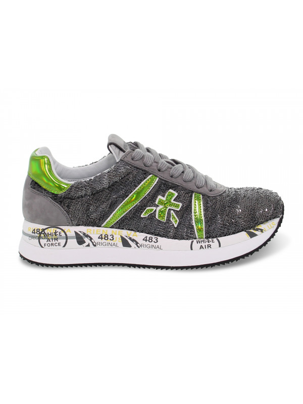 Sneakers Premiata CONNY in paillettes e vernice grigio e verde