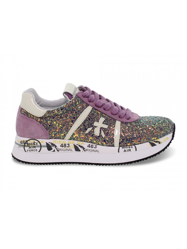 Sneakers Premiata CONNY in glitter e camoscio lilla e multicolore