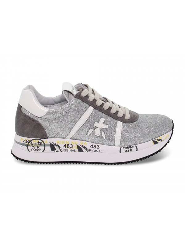 Sneakers Premiata CONNY in glitter e camoscio argento e grigio