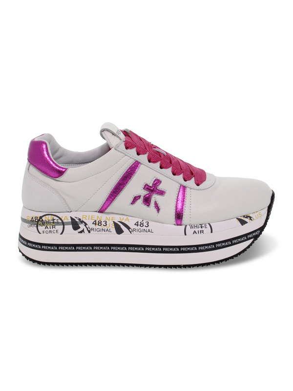 Sneakers Premiata BETH in pelle e laminato bianco e fuxia