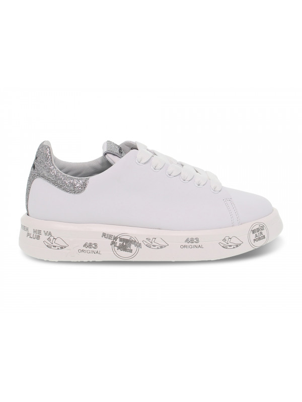 Sneakers Premiata BELLE in pelle e glitter bianco e argento