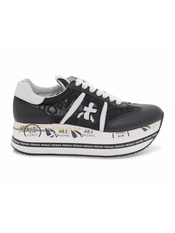 Sneakers Premiata BETH in pelle e raso nero e bianco