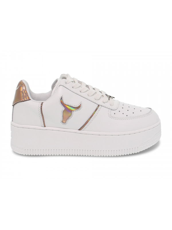 Sneakers Windsor Smith ROSY BRAVE WHITE ROSE GOLD HOLOGRAPHIC in pelle bianco e oro