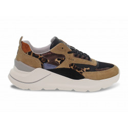 Sneakers D.A.T.E. FUGA PONY in camoscio e pelle beige e leopardato