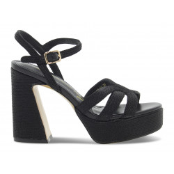 Sandalo con tacco Emanuèlle Vee SANDALO GIUNONE PLATEAU in raffia e pelle nero Donna Sandalo con tacco