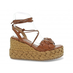 Zeppa Emanuèlle Vee SANDALO CON FIORE in pelle e raffia cuoio e beige Donna Zeppa