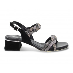 Sandalo basso Pasquini Calzature in camoscio e crystal nero e argento