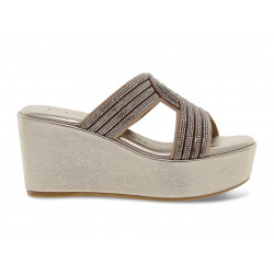 Zeppa Pasquini Calzature CIABATTA GIOIELLO FASCE in laminato e crystal tortora e argento Donna Zeppa