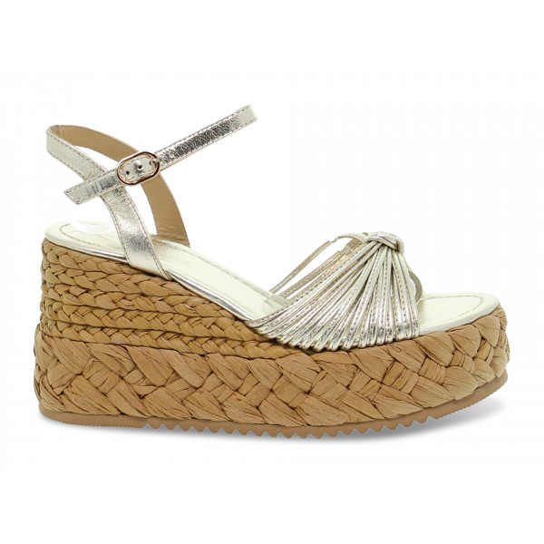 Zeppa Emanuèlle Vee SANDALO MIGNON in laminato e raffia platino e beige Donna Zeppa