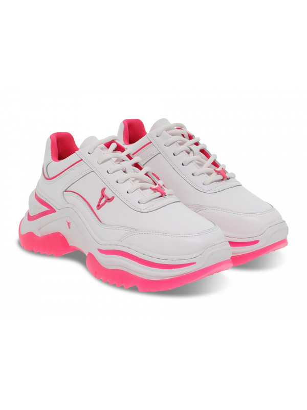 Sneakers Windsor Smith CHAOS BRAVE WHITE NEON PINK in pelle bianco