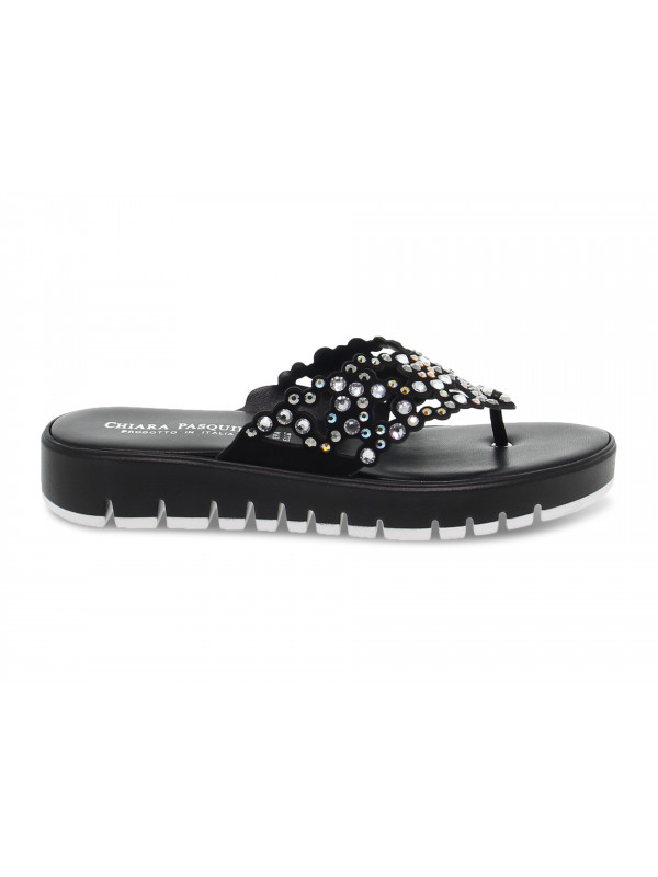 Flat sandals Pasquini Calzature CIABATTA INFRADITO GIOIELLO in black suede leather